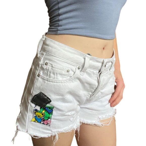 Upcycled High Rise Jean Shorts Reworked Grunge Concert Grateful Dead Bears S 25 - Picture 15 of 15